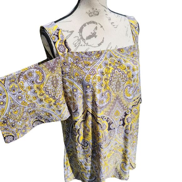 INC -261 International Concepts Cold Shoulder Paisley Floral Top Size XL Yellow‎ - Picture 5 of 10